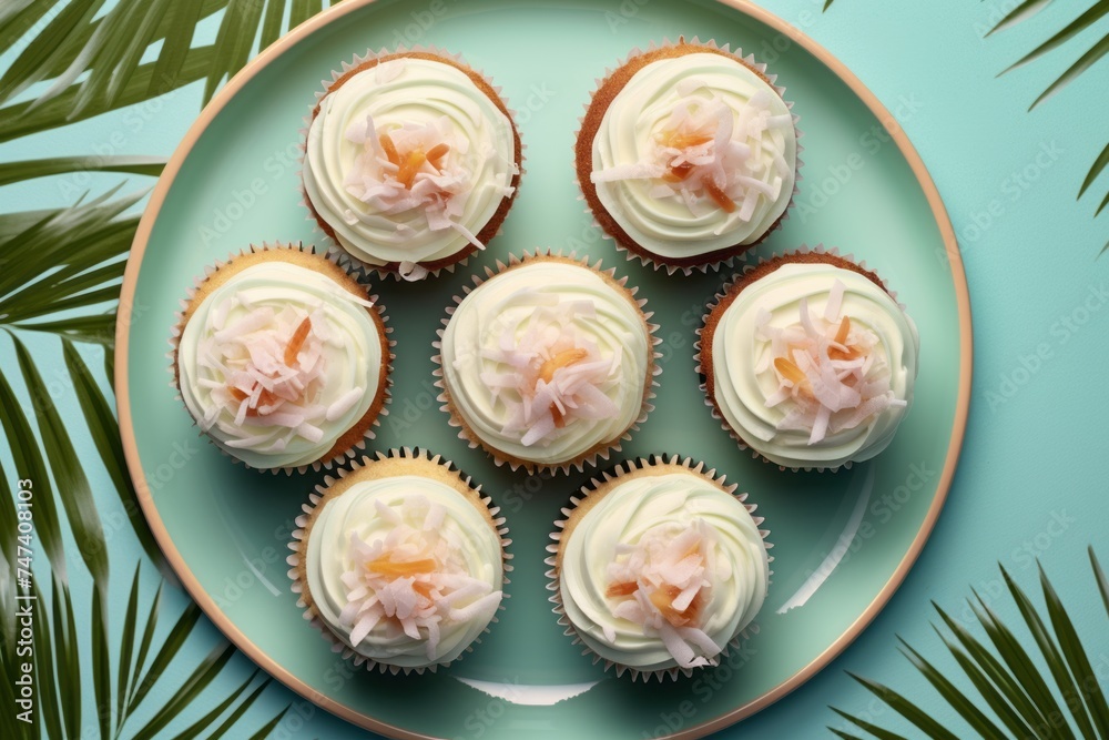 Tempting cupcakes on a palm leaf plate against a pastel or soft colors background Tempting cupcakes on a palm leaf plate against a pastel or soft colors background