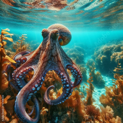 Octopus moves through the ocean currents, in clear waters 