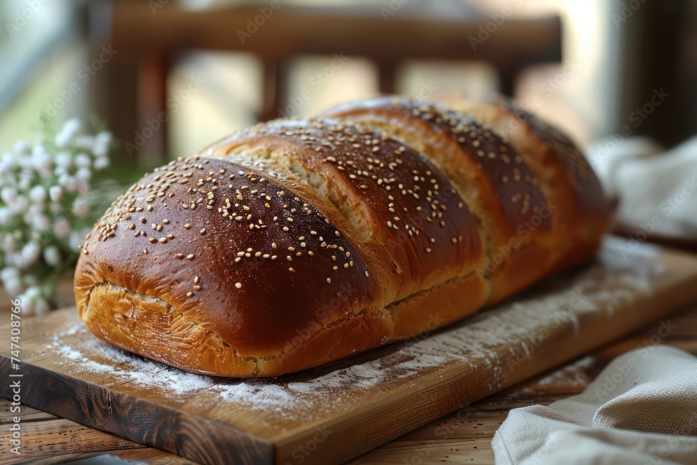 bread and baking mix on a board, in the style of natural fibers bread and baking mix on a board, in the style of natural fibers
