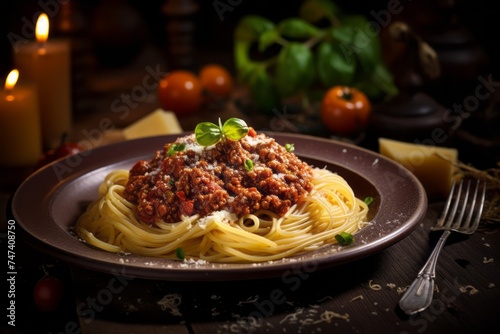 Exquisite spaghetti bolognese on a rustic plate against a rustic wood background