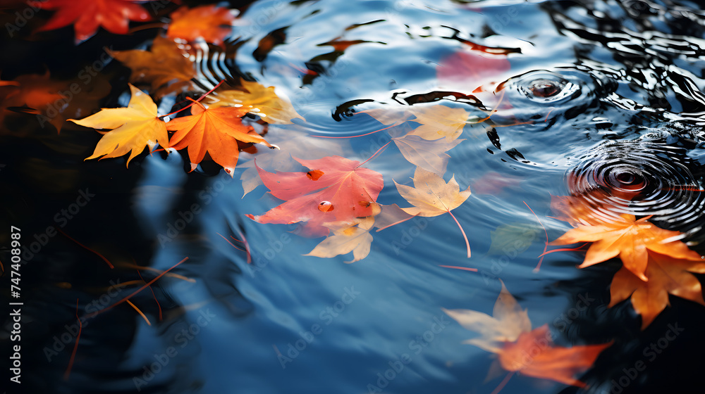 A group of leaves floating on top of a body of water. A group of leaves floating on top of a body of water.
