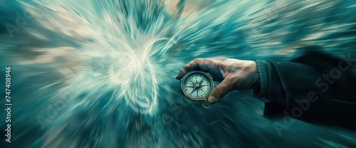 business in action image of a hand holding a compass, in the style of dark blue and light beige, motion blur  photo
