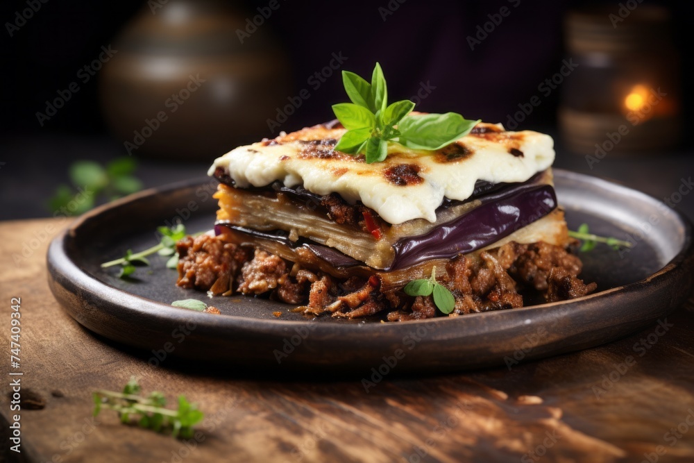 Refined moussaka on a ceramic tile against a rustic wood background Refined moussaka on a ceramic tile against a rustic wood background