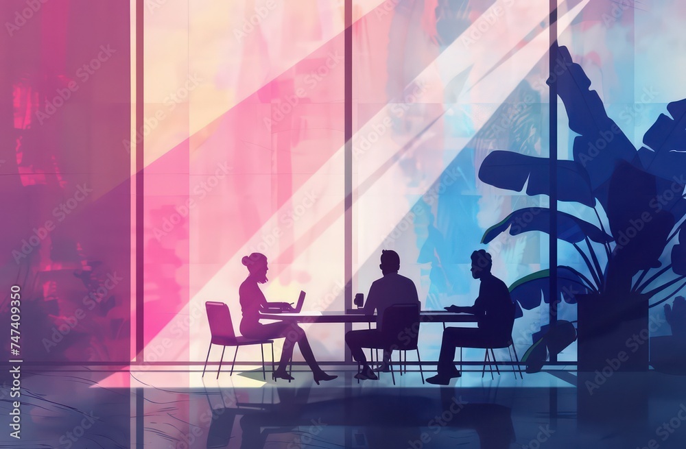 company employees meetings with one another in a business office, in the style of futurist claims, empowerment