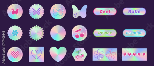 Set of y2k holographic stickers with iridescent foil effect. Symbols of 2000s gradient butterfly, flower, heart, cherry. Vector 