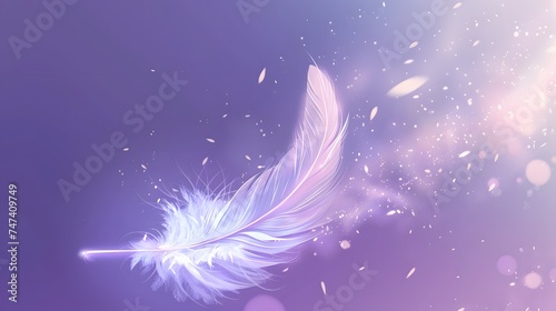 Flying Violet single feather on blurred purple background. Abstract texture. copy space, wallpaper, banner. 