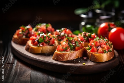 Tempting bruschetta on a slate plate against a rustic wood background