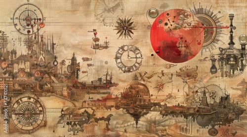 world map in the style of steampunk, playfully intricate, light brown and red, 19th century paintings and works on paper photo