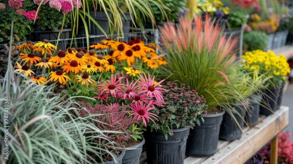 Plants in pots on sale at the local garden center.