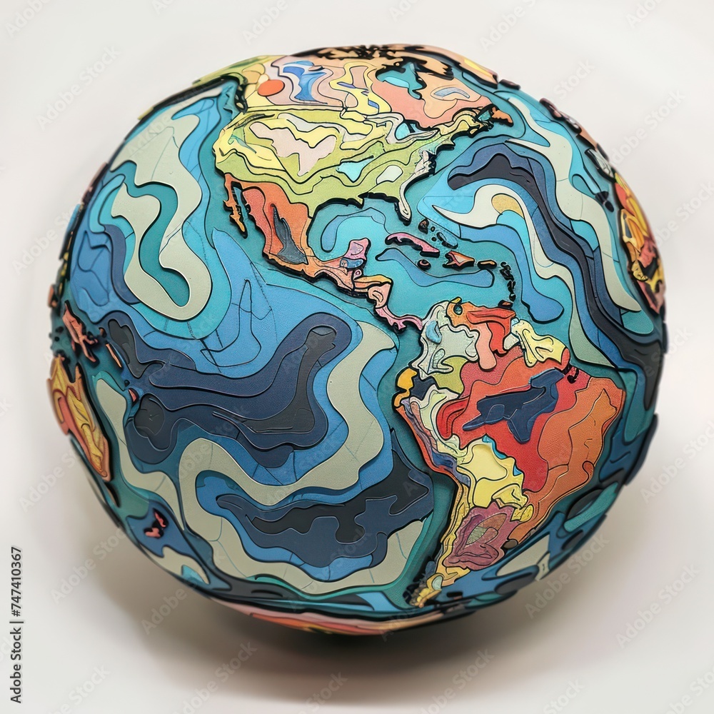 map of the world, in the style of line drawing style, realistic art, studio craft movement, spherical sculptures