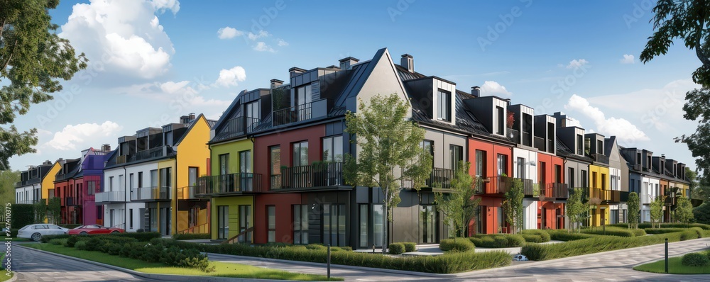 colorful townhouses with a balcony line, in the style of light gray and bronze, minimalistic modern