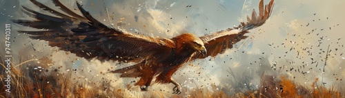 Artistic representation of a powerful golden eagle soaring through the air with a dynamic autumnal backdrop.