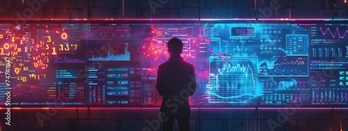 man on digital touch screen with data driven stock portfolio concept, in the style of dynamic and dramatic compositions, light indigo and crimson