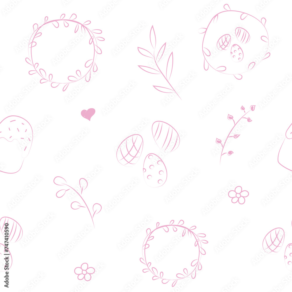 Vector illustration. Cute hand drawn seamless pattern. Festive background with Easter linear symbols. Design of postcards, banners, wrapping, textiles, wallpapers and other promotional products.