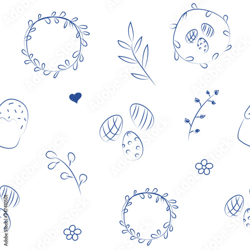 Vector illustration. Cute hand drawn seamless pattern. Festive background with Easter linear symbols. Design of postcards, banners, wrapping, textiles, wallpapers and other promotional products.
