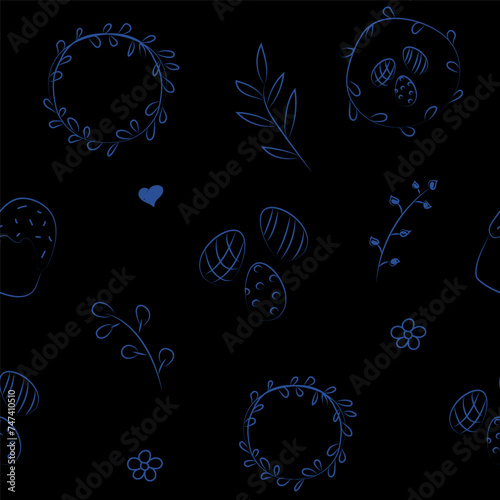Vector illustration. Cute hand drawn seamless pattern. Festive background with Easter linear symbols. Design of postcards, banners, wrapping, textiles, wallpapers and other promotional products.