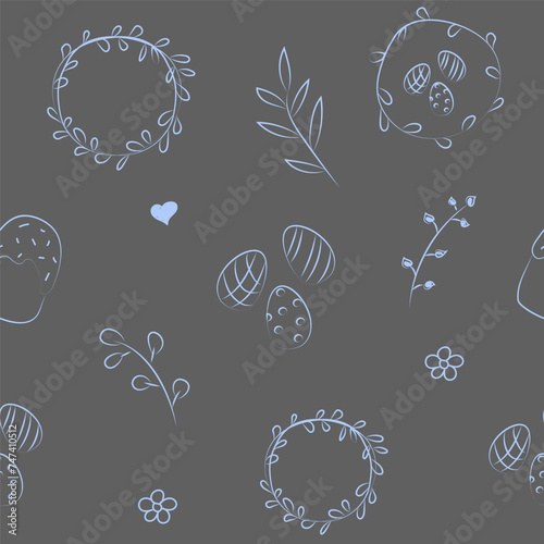 Vector illustration. Cute hand drawn seamless pattern. Festive background with Easter linear symbols. Design of postcards, banners, wrapping, textiles, wallpapers and other promotional products.