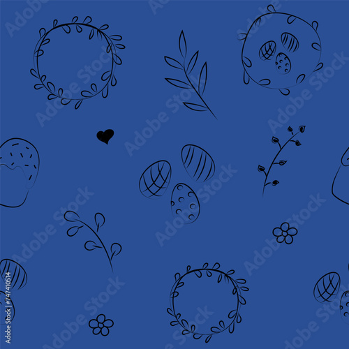 Vector illustration. Cute hand drawn seamless pattern. Festive background with Easter linear symbols. Design of postcards, banners, wrapping, textiles, wallpapers and other promotional products.