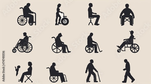 Set of vector disabled signs.Handicapped man sitting in a wheelchair, person with walker, blind,deaf, mental disease icons.Mandatory pictograms for public places,web and app design