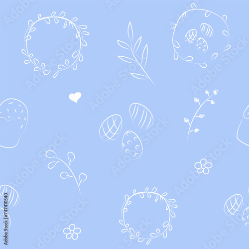 Vector illustration. Cute hand drawn seamless pattern. Festive background with Easter linear symbols. Design of postcards, banners, wrapping, textiles, wallpapers and other promotional products.