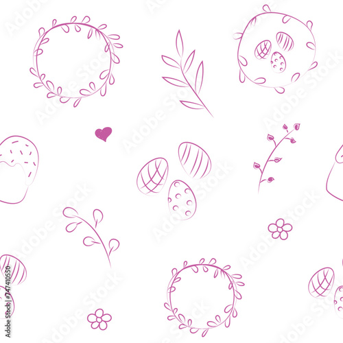 Vector illustration. Cute hand drawn seamless pattern. Festive background with Easter linear symbols. Design of postcards, banners, wrapping, textiles, wallpapers and other promotional products.