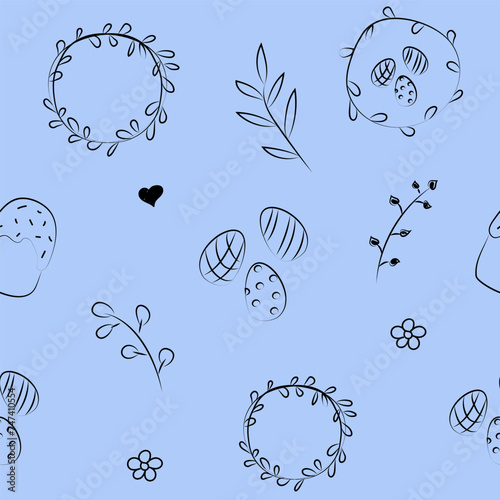 Vector illustration. Cute hand drawn seamless pattern. Festive background with Easter linear symbols. Design of postcards, banners, wrapping, textiles, wallpapers and other promotional products.
