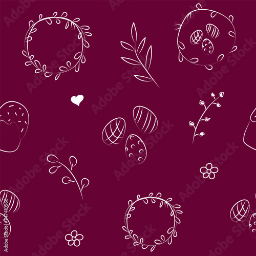 Vector illustration. Cute hand drawn seamless pattern. Festive background with Easter linear symbols. Design of postcards, banners, wrapping, textiles, wallpapers and other promotional products.