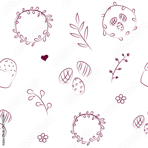 Vector illustration. Cute hand drawn seamless pattern. Festive background with Easter linear symbols. Design of postcards, banners, wrapping, textiles, wallpapers and other promotional products.