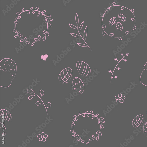 Vector illustration. Cute hand drawn seamless pattern. Festive background with Easter linear symbols. Design of postcards, banners, wrapping, textiles, wallpapers and other promotional products.