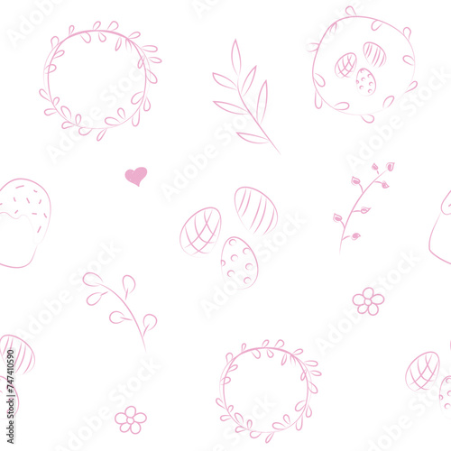 Vector illustration. Cute hand drawn seamless pattern. Festive background with Easter linear symbols. Design of postcards, banners, wrapping, textiles, wallpapers and other promotional products.