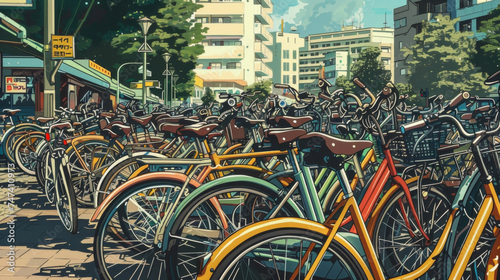 A busy scene in the city with a multitude of bicycles occupying a designated parking area highlighting the popularity of biking as a means of travel.