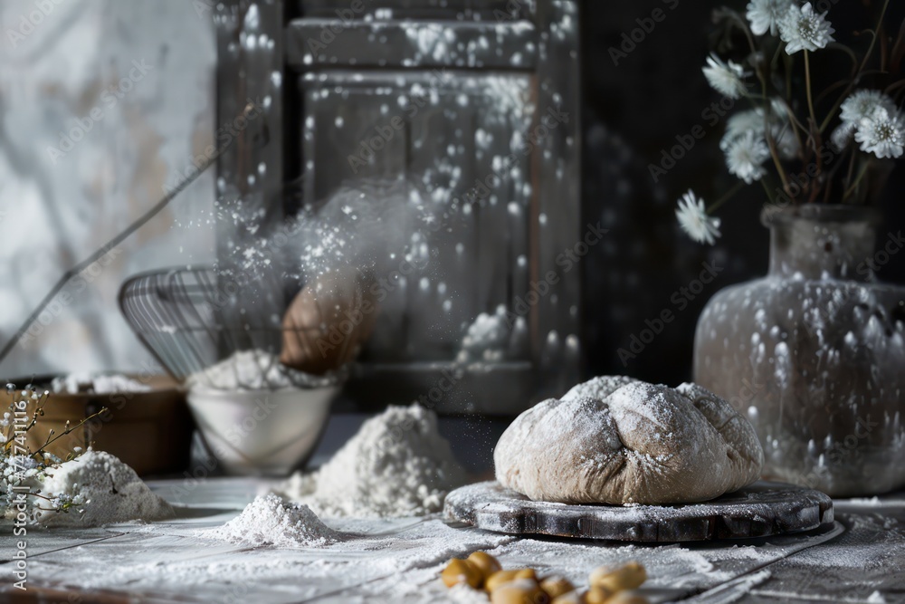 flour is placed on the table next to a dough ball flour is placed on the table next to a dough ball