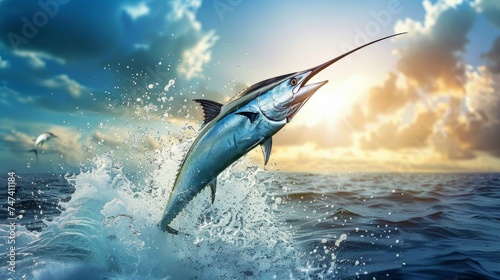 Blue Marlin fish jumping out of ocean water. photo
