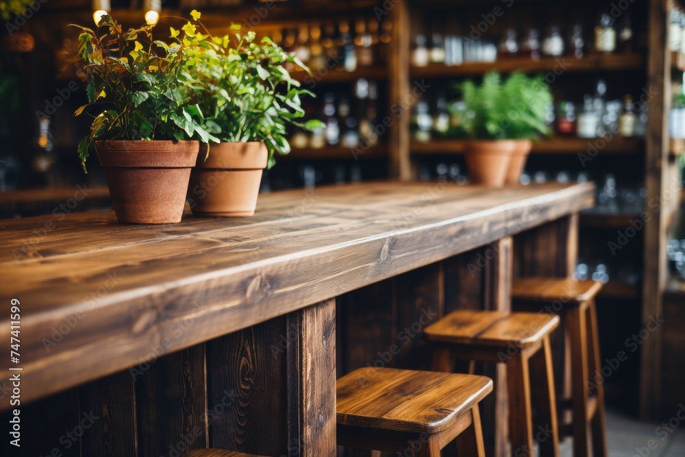 Rustic wooden bar counter with a variety of potted plants and an impressive display of colorful liquor bottles, creating a cozy and inviting atmosphere in a trendy bar or restaurant
