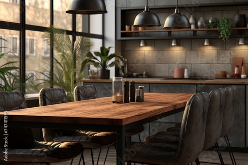 Rustic industrial kitchen with wooden dining table, comfortable leather chairs, hanging pendant lights, modern appliances, and panoramic city skyline view through large windows