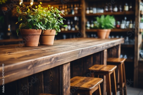 Rustic wooden bar counter with a variety of potted plants and an impressive display of colorful liquor bottles, creating a cozy and inviting atmosphere in a trendy bar or restaurant photo