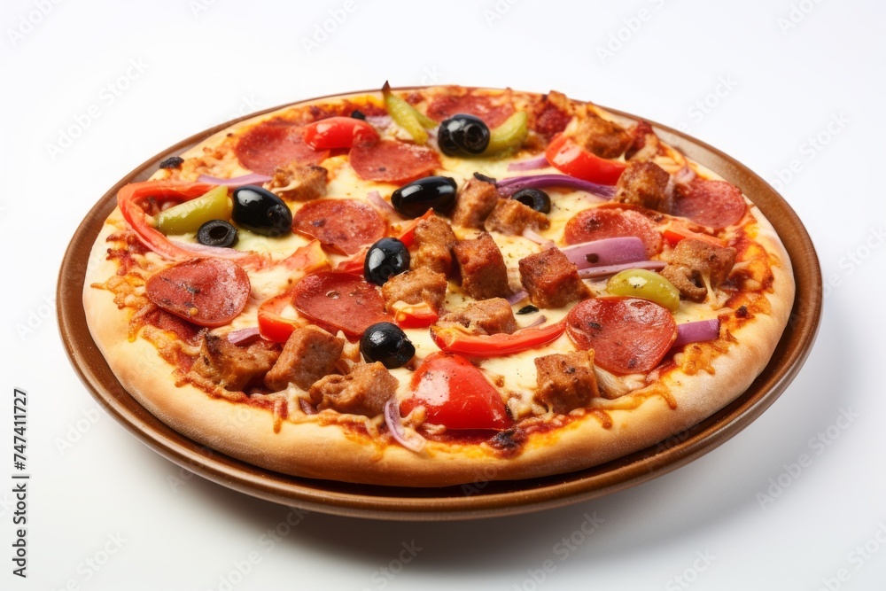 Delicious pizza in a clay dish against a white ceramic background