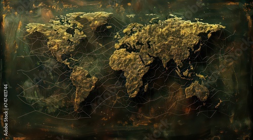 the world map on a dark background, tilt shift, intertwined networks