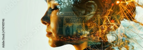 a business woman is looking to the future business, in the style of double exposure, detailed compositions