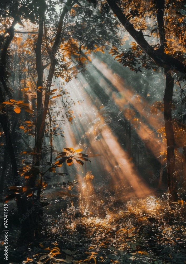 Fototapeta premium Sun rays shining through the trees in a beautiful forest.