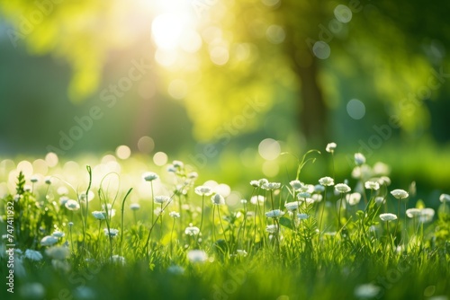 Beautiful Green Grass Field With White Flowers Under The Sunlight In The Morning In Spring Season In Countryside For Wallpaper Background With Copy Space For Text Or Advertisement