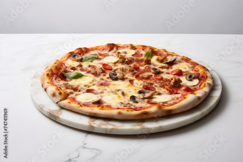 Refined pizza on a marble slab against a white ceramic background