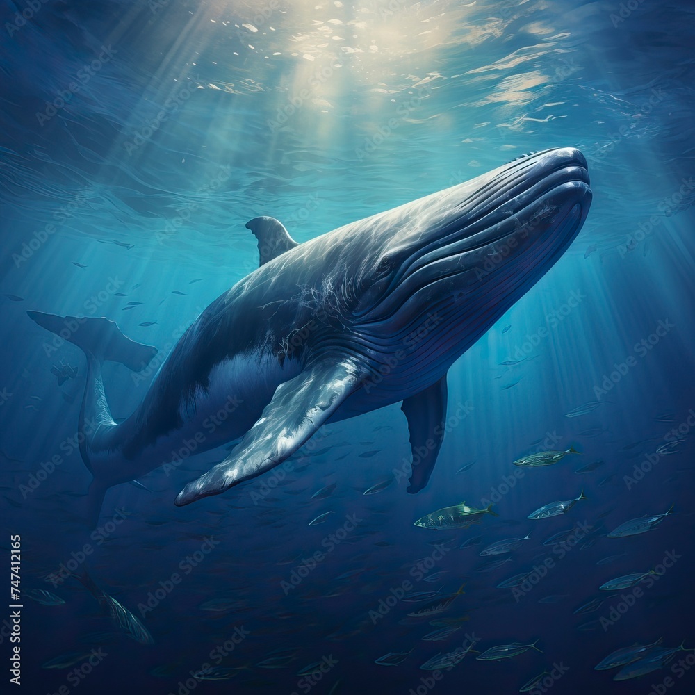 Fototapeta premium Blue Whale swimming in ocean, Underwater Creature