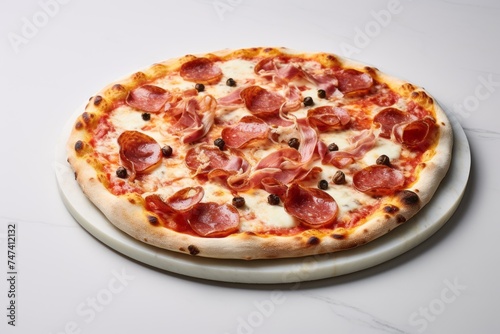 Refined pizza on a marble slab against a white ceramic background