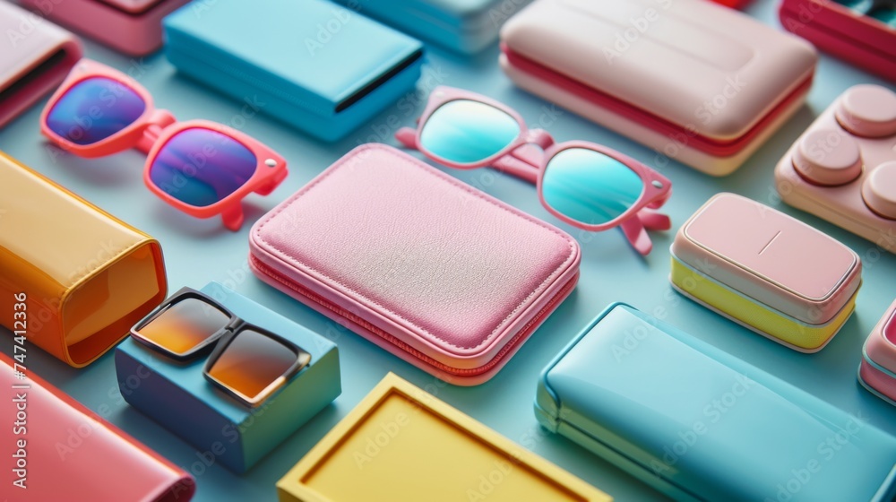 A vibrant collection of colorful sunglasses and matching cases arranged neatly on a pastel background, colorful sunglasses and cases assortment. A vibrant collection of colorful sunglasses and matching cases arranged neatly on a pastel background, colorful sunglasses and cases assortment.