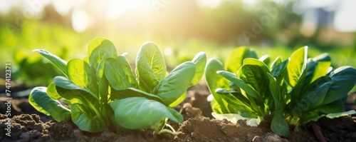 Fresh spinach growing in a field on a sunny day.