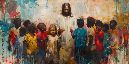 Artistic depiction of Jesus Christ with a group of young happy children. Oil painting christian art style © JoelMasson