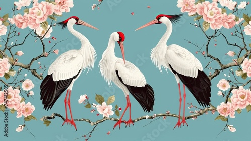 japanese storks in vintage style on Blue background photo