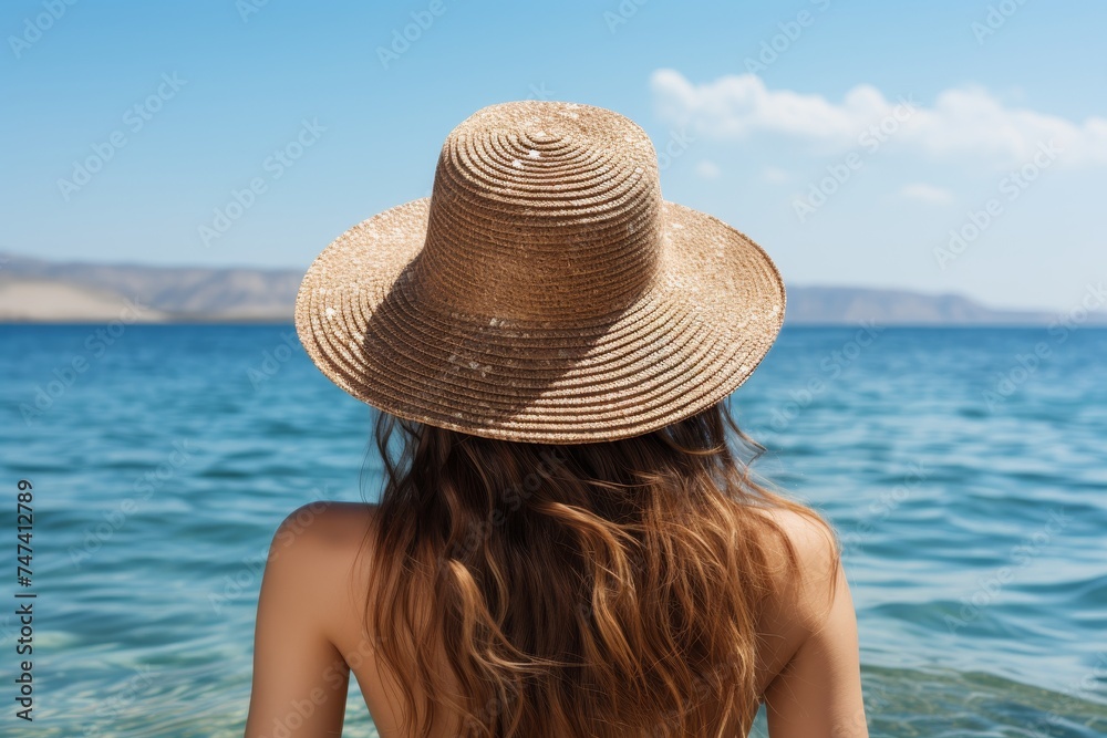 Lady in a straw hat enjoying a peaceful day in the crystal-clear ocean under the warm sun, surrounded by the gentle sound of waves, creating a tranquil and serene beach vacation scene.