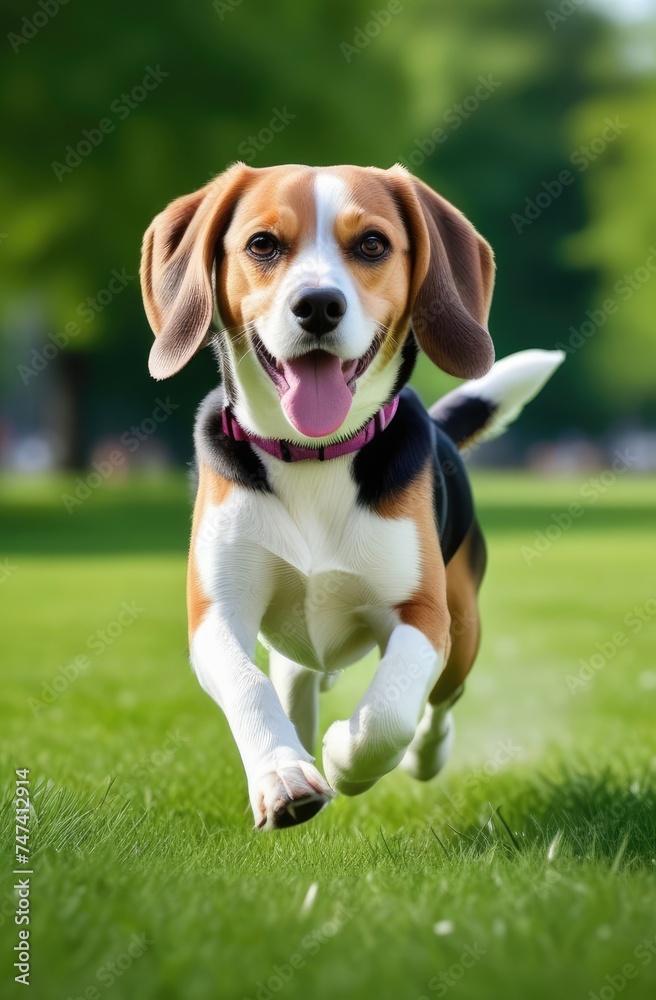 A happy dog runs through a green park